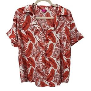 Caroline Hill Red and White Relaxed Short Sleeve Blouse Leaves Leaf Tropical‎